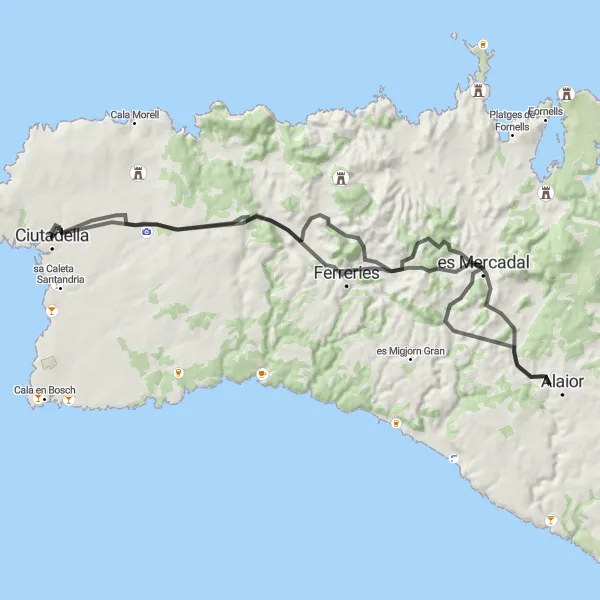 Miniatura della mappa di ispirazione al ciclismo "Giro in bicicletta di 72 km intorno a Ciutadella" nella regione di Illes Balears, Spain. Generata da Tarmacs.app, pianificatore di rotte ciclistiche