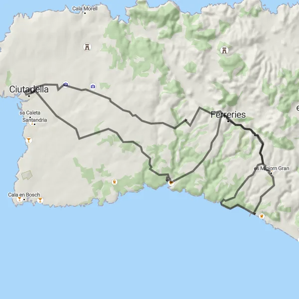Miniatua del mapa de inspiración ciclista "Ruta en bicicleta de carretera desde Ciutadella hasta Minorca" en Illes Balears, Spain. Generado por Tarmacs.app planificador de rutas ciclistas
