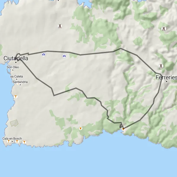 Miniature de la carte de l'inspiration cycliste "Promenade à vélo à travers les villages de Minorque" dans la Illes Balears, Spain. Générée par le planificateur d'itinéraire cycliste Tarmacs.app