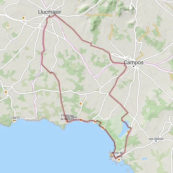 Miniatura della mappa di ispirazione al ciclismo "Giro in Gravel verso Playa Es Trenc" nella regione di Illes Balears, Spain. Generata da Tarmacs.app, pianificatore di rotte ciclistiche