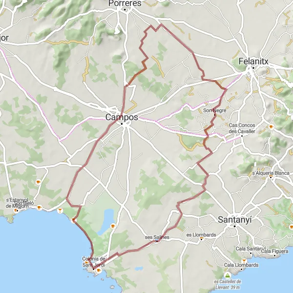 Miniatura della mappa di ispirazione al ciclismo "Esplorazione in Gravel tra Es Trenc e ses Salines" nella regione di Illes Balears, Spain. Generata da Tarmacs.app, pianificatore di rotte ciclistiche
