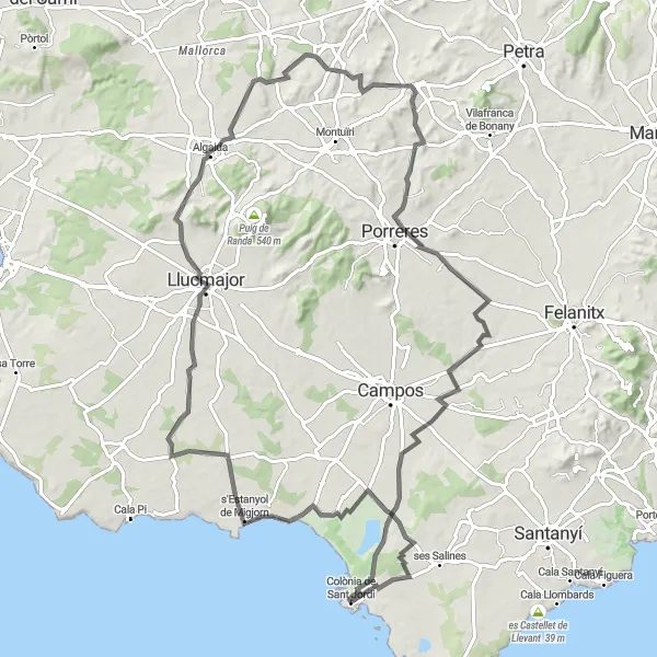 Map miniature of "Colònia de Sant Jordi - S'Estanyol de Migjorn - Llucmajor - Porreres - Puig de Galdent" cycling inspiration in Illes Balears, Spain. Generated by Tarmacs.app cycling route planner