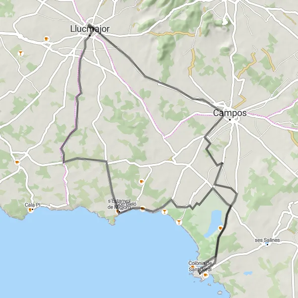 Map miniature of "Colònia de Sant Jordi - S'Estanyol de Migjorn - Llucmajor - Campos" cycling inspiration in Illes Balears, Spain. Generated by Tarmacs.app cycling route planner