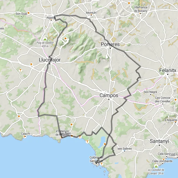 Map miniature of "Colònia de Sant Jordi - S'Estanyol de Migjorn - Llucmajor - Porreres - Banys de sa Font Santa" cycling inspiration in Illes Balears, Spain. Generated by Tarmacs.app cycling route planner