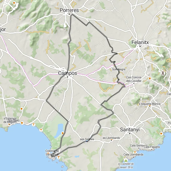 Miniaturní mapa "Cyklistická trasa Banys de sa Font Santa - Colònia de Sant Jordi" inspirace pro cyklisty v oblasti Illes Balears, Spain. Vytvořeno pomocí plánovače tras Tarmacs.app