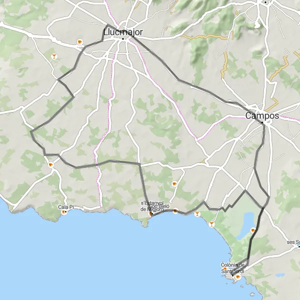 Miniaturekort af cykelinspirationen "Den lange tur til Llucmajor" i Illes Balears, Spain. Genereret af Tarmacs.app cykelruteplanlægger