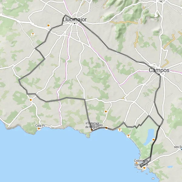 Miniatuurkaart van de fietsinspiratie "Rondrit bij Colònia de Sant Jordi via Llucmajor en Campos" in Illes Balears, Spain. Gemaakt door de Tarmacs.app fietsrouteplanner