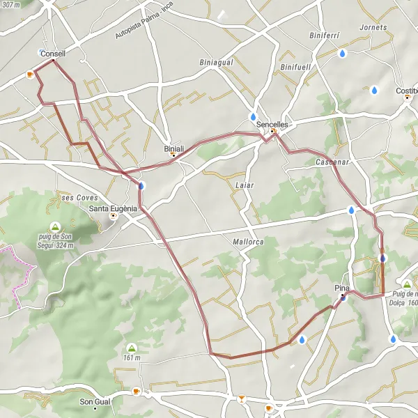 Miniatura della mappa di ispirazione al ciclismo "Itinerario in gravel da Sencelles a ses Alqueries" nella regione di Illes Balears, Spain. Generata da Tarmacs.app, pianificatore di rotte ciclistiche