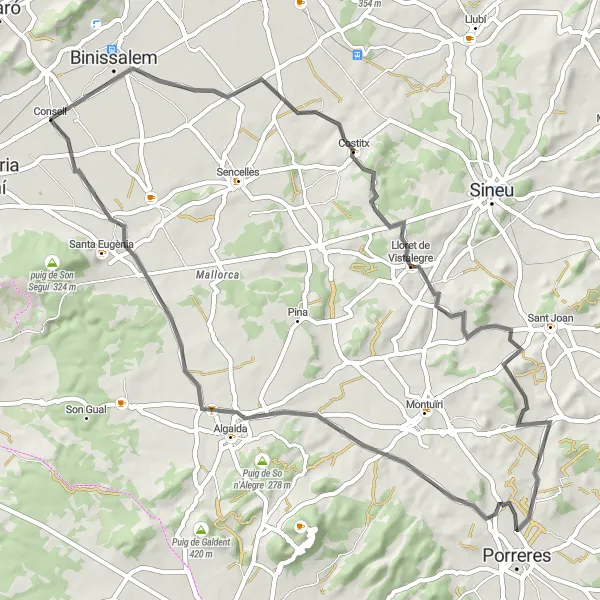 Miniaturní mapa "Cyklistická trasa kolem Consell: z Costitx do Algaidy" inspirace pro cyklisty v oblasti Illes Balears, Spain. Vytvořeno pomocí plánovače tras Tarmacs.app