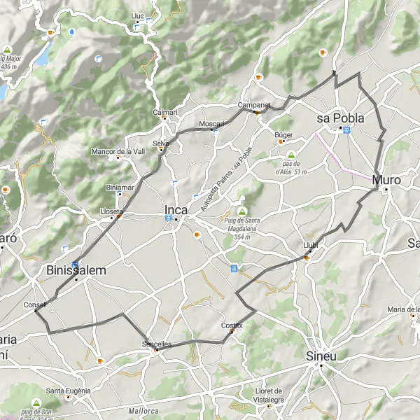 Map miniature of "Binissalem Loop" cycling inspiration in Illes Balears, Spain. Generated by Tarmacs.app cycling route planner