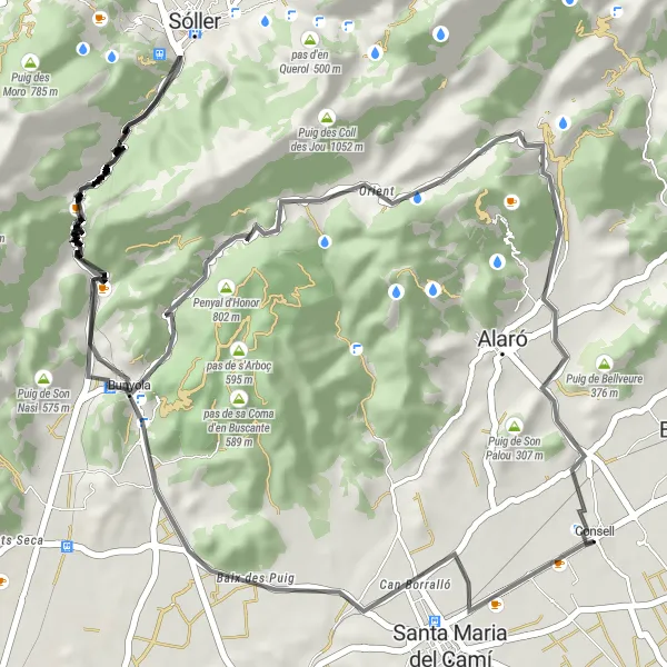 Miniatura della mappa di ispirazione al ciclismo "Salita epica da Bunyola al Puig d´Alaró" nella regione di Illes Balears, Spain. Generata da Tarmacs.app, pianificatore di rotte ciclistiche