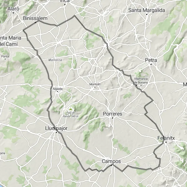 Miniatua del mapa de inspiración ciclista "Ruta en Bicicleta de Carretera Consell-Binissalem-Felanitx-Llucmajor-Consell" en Illes Balears, Spain. Generado por Tarmacs.app planificador de rutas ciclistas