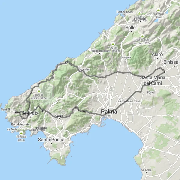 Miniatua del mapa de inspiración ciclista "Ruta en Bicicleta de Carretera Consell-Santa Maria del Camí-Banyalbufar-Consell" en Illes Balears, Spain. Generado por Tarmacs.app planificador de rutas ciclistas