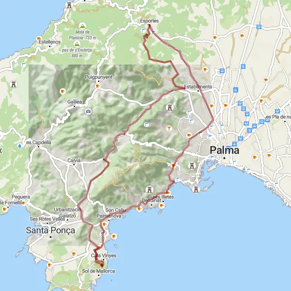 Map miniature of "Gravel Cycling Route to Puig des Vent and Portals Nous" cycling inspiration in Illes Balears, Spain. Generated by Tarmacs.app cycling route planner