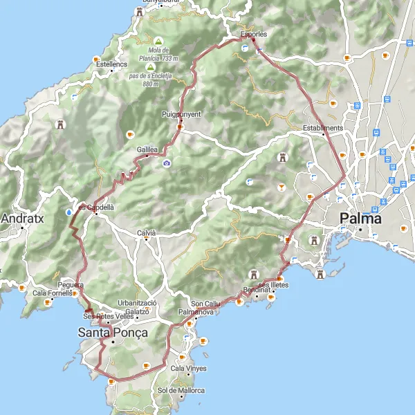 Miniaturní mapa "Trasa gravelové cyklistiky Esporles - pas des Refrescador" inspirace pro cyklisty v oblasti Illes Balears, Spain. Vytvořeno pomocí plánovače tras Tarmacs.app