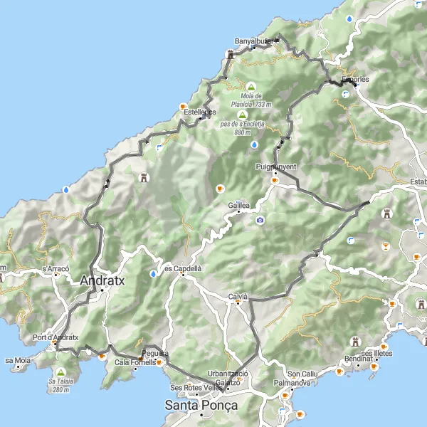 Miniature de la carte de l'inspiration cycliste "Escapade vers les sommets de Majorque" dans la Illes Balears, Spain. Générée par le planificateur d'itinéraire cycliste Tarmacs.app