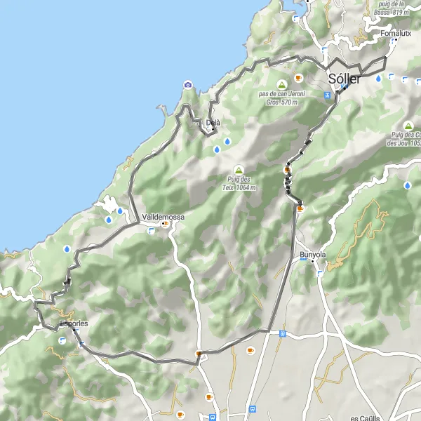 Miniaturní mapa "Silnice: okolí Esporles - 65 km" inspirace pro cyklisty v oblasti Illes Balears, Spain. Vytvořeno pomocí plánovače tras Tarmacs.app