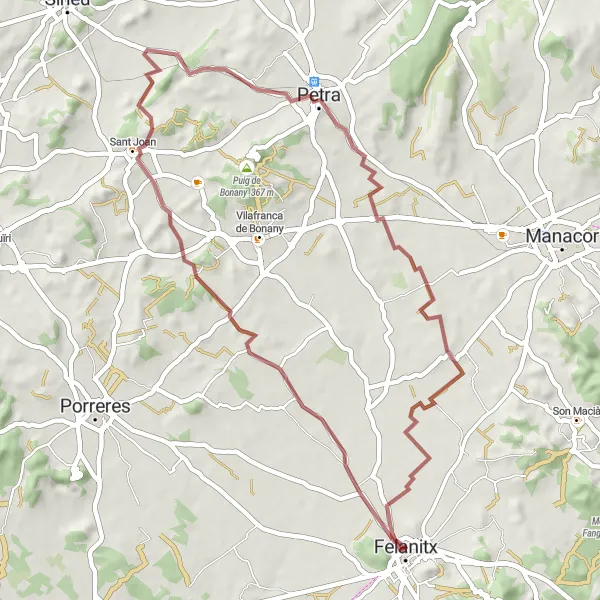 Map miniature of "Felantix Gravel Loop via Sant Joan and Petra" cycling inspiration in Illes Balears, Spain. Generated by Tarmacs.app cycling route planner
