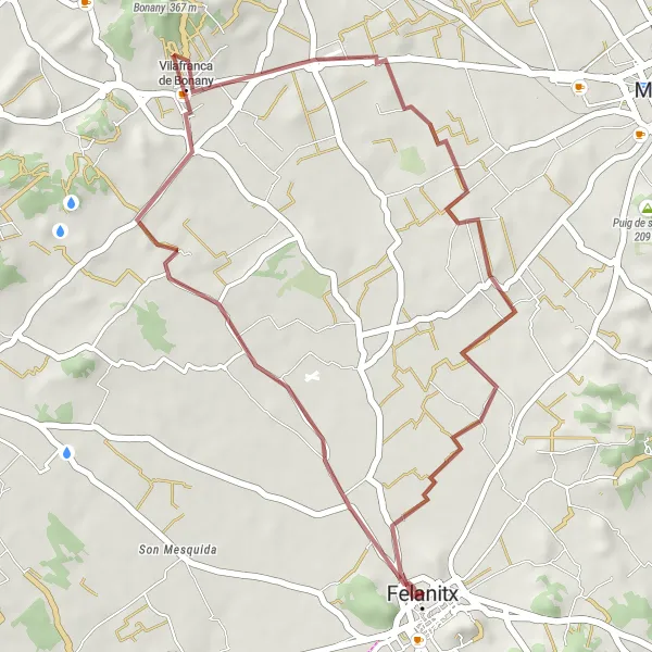 Miniatua del mapa de inspiración ciclista "Ruta de ciclismo por gravilla desde Felanitx a Vilafranca de Bonany" en Illes Balears, Spain. Generado por Tarmacs.app planificador de rutas ciclistas