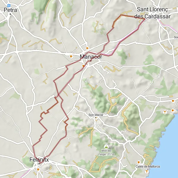 Miniatua del mapa de inspiración ciclista "Ruta de ciclismo por gravilla desde Felanitx a Manacor" en Illes Balears, Spain. Generado por Tarmacs.app planificador de rutas ciclistas