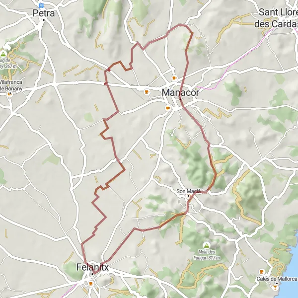 Miniature de la carte de l'inspiration cycliste "Aventure Gravel autour de Felanitx" dans la Illes Balears, Spain. Générée par le planificateur d'itinéraire cycliste Tarmacs.app