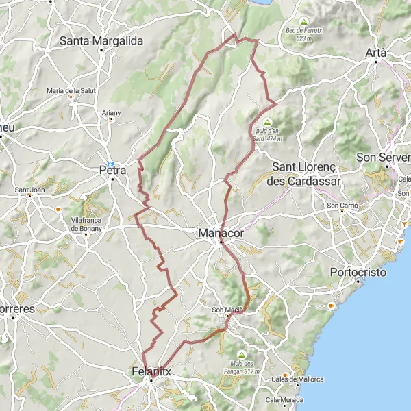 Miniatura della mappa di ispirazione al ciclismo "Tour in Gravel verso Manacor" nella regione di Illes Balears, Spain. Generata da Tarmacs.app, pianificatore di rotte ciclistiche