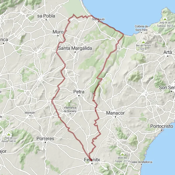 Miniaturní mapa "Gravel Cyklotrasa kolem Felanitx" inspirace pro cyklisty v oblasti Illes Balears, Spain. Vytvořeno pomocí plánovače tras Tarmacs.app