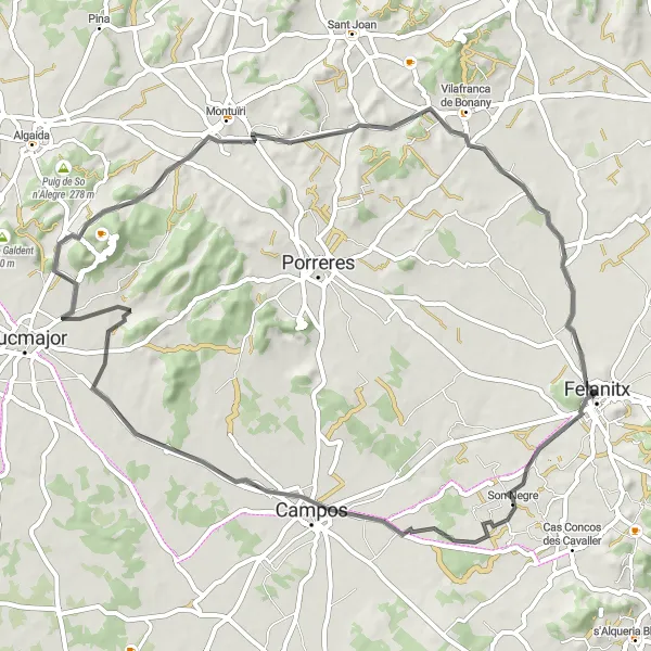 Miniatuurkaart van de fietsinspiratie "Prachtige fietsroutes in en rond Felanitx" in Illes Balears, Spain. Gemaakt door de Tarmacs.app fietsrouteplanner