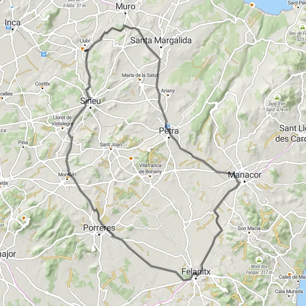Miniatura mapy "Trasa szosowa Felanitx - sa Mola - Porreres - Lloret de Vistalegre - Es Putxet - Llubí - Mirador de sa Creu - Manacor - Felanitx" - trasy rowerowej w Illes Balears, Spain. Wygenerowane przez planer tras rowerowych Tarmacs.app