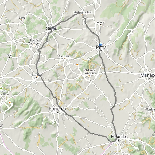 Miniatura della mappa di ispirazione al ciclismo "Giro su Strada tra Porreres e Petra" nella regione di Illes Balears, Spain. Generata da Tarmacs.app, pianificatore di rotte ciclistiche