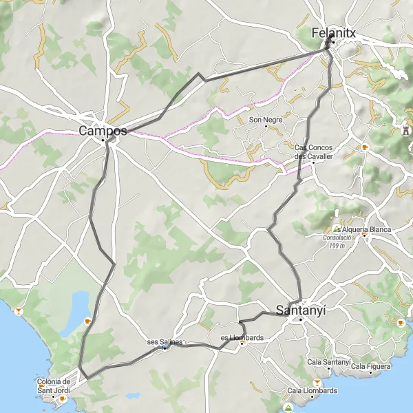 Map miniature of "Felantix Loop via ses Salines and Campos" cycling inspiration in Illes Balears, Spain. Generated by Tarmacs.app cycling route planner
