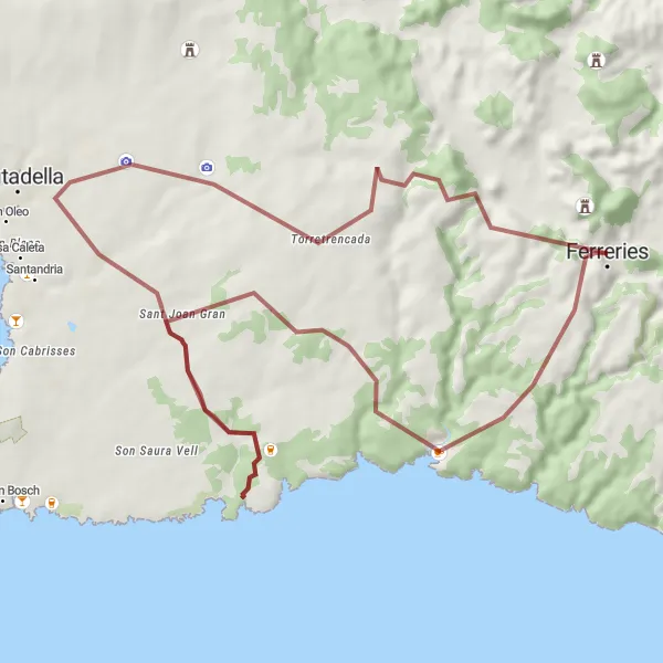 Miniatura della mappa di ispirazione al ciclismo "Sentiero delle Cave di Ferreries" nella regione di Illes Balears, Spain. Generata da Tarmacs.app, pianificatore di rotte ciclistiche