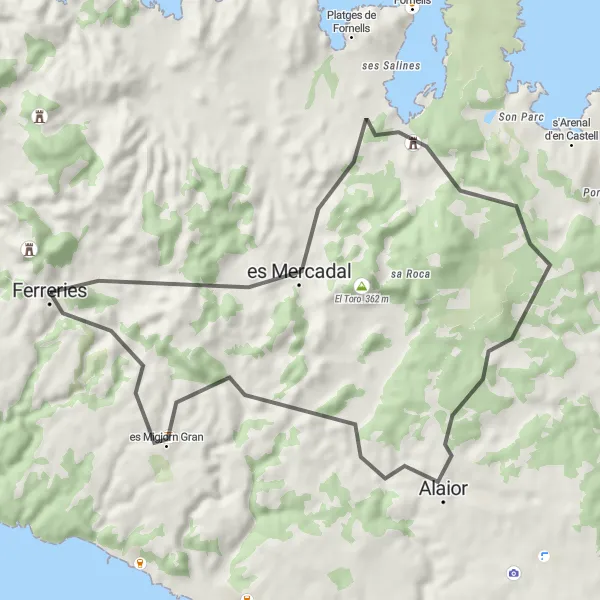 Miniaturní mapa "Cyklistická trasa kolem Fornells" inspirace pro cyklisty v oblasti Illes Balears, Spain. Vytvořeno pomocí plánovače tras Tarmacs.app