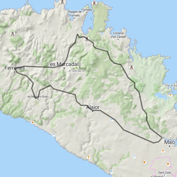 Miniatura mapy "Wokół Ferreries Road Cycling" - trasy rowerowej w Illes Balears, Spain. Wygenerowane przez planer tras rowerowych Tarmacs.app