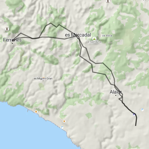 Miniatura mapy "Trasa rowerowa Szosowa w okolicy Ferreries" - trasy rowerowej w Illes Balears, Spain. Wygenerowane przez planer tras rowerowych Tarmacs.app