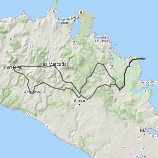 Miniature de la carte de l'inspiration cycliste "Circuit de es Migjorn Gran à es Mercadal" dans la Illes Balears, Spain. Générée par le planificateur d'itinéraire cycliste Tarmacs.app
