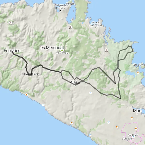Miniatua del mapa de inspiración ciclista "Ruta alrededor de Ferreries en bicicleta de carretera" en Illes Balears, Spain. Generado por Tarmacs.app planificador de rutas ciclistas