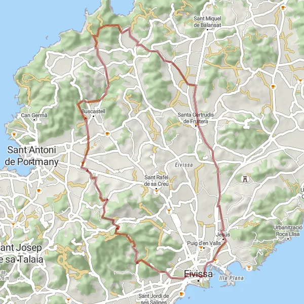 Miniatura della mappa di ispirazione al ciclismo "Esplorazione di Ibiza in bicicletta da strada" nella regione di Illes Balears, Spain. Generata da Tarmacs.app, pianificatore di rotte ciclistiche