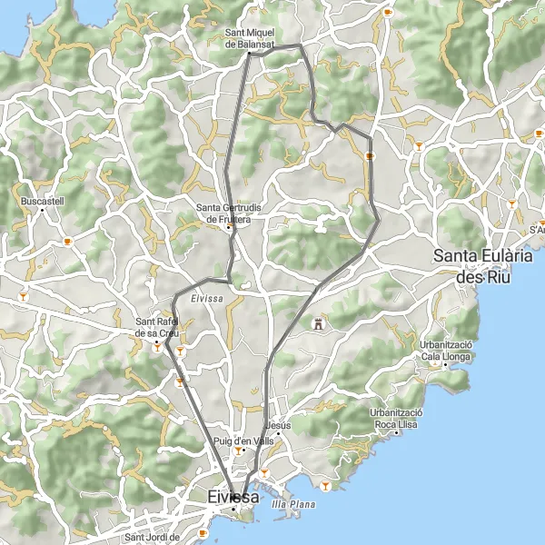 Miniatura della mappa di ispirazione al ciclismo "Giro in bici da Ibiza attraverso la campagna" nella regione di Illes Balears, Spain. Generata da Tarmacs.app, pianificatore di rotte ciclistiche