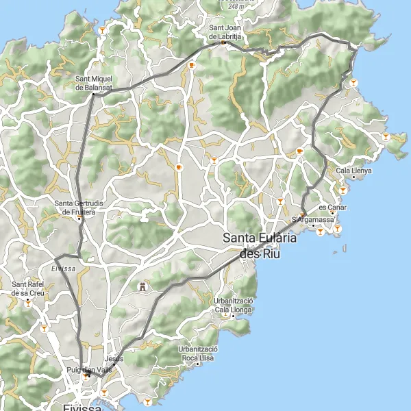 Miniatura della mappa di ispirazione al ciclismo "Giro in bicicletta attraverso Santa Gertrudis de Fruitera" nella regione di Illes Balears, Spain. Generata da Tarmacs.app, pianificatore di rotte ciclistiche