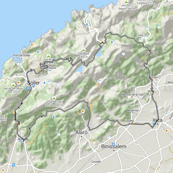 Miniatuurkaart van de fietsinspiratie "Uitdagende tocht rond Inca: Lloseta, Puig d'Alaró, Bunyola, Coll de Sóller, Sóller, Penyal des Migdia, puig d'en Galileu, Lluc en Inca" in Illes Balears, Spain. Gemaakt door de Tarmacs.app fietsrouteplanner