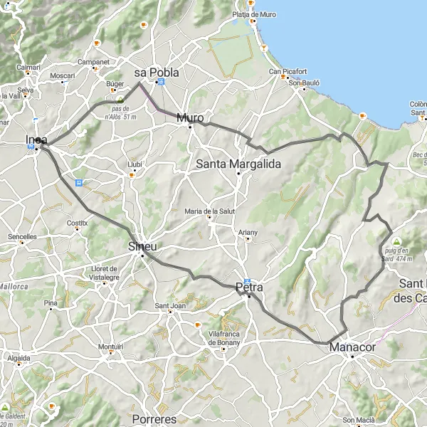 Miniaturní mapa "Výlet kolem Inky a okolí" inspirace pro cyklisty v oblasti Illes Balears, Spain. Vytvořeno pomocí plánovače tras Tarmacs.app