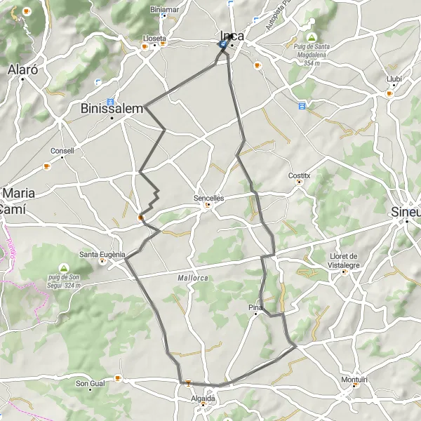 Miniatua del mapa de inspiración ciclista "Ruta de ciclismo en carretera desde Inca hasta Puig Moltó y Algaida" en Illes Balears, Spain. Generado por Tarmacs.app planificador de rutas ciclistas