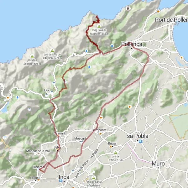 Miniature de la carte de l'inspiration cycliste "Défi Gravel de 81km autour de Lloseta" dans la Illes Balears, Spain. Générée par le planificateur d'itinéraire cycliste Tarmacs.app