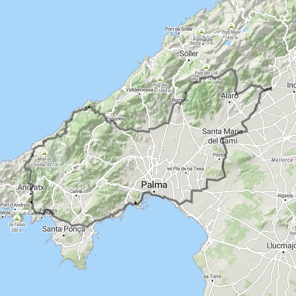 Miniatura della mappa di ispirazione al ciclismo "Giro in bicicletta da Lloseta" nella regione di Illes Balears, Spain. Generata da Tarmacs.app, pianificatore di rotte ciclistiche