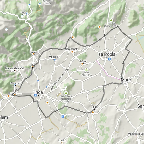 Karten-Miniaturansicht der Radinspiration "Rundweg um Lloseta und Umgebung" in Illes Balears, Spain. Erstellt vom Tarmacs.app-Routenplaner für Radtouren