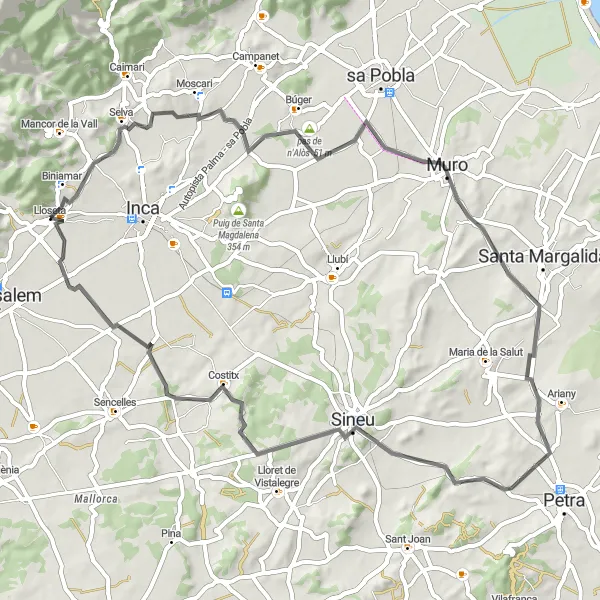 Miniaturní mapa "Lloseta - Puig de Crist Rei - Selva - pas de n'Alòs - Muro - Mirador de sa Creu - Sineu - Es Putxet - Costitx" inspirace pro cyklisty v oblasti Illes Balears, Spain. Vytvořeno pomocí plánovače tras Tarmacs.app