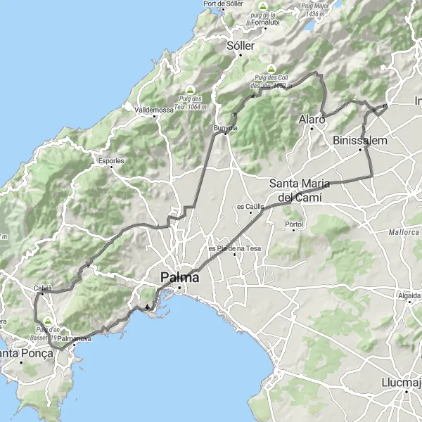 Map miniature of "From Lloseta to Santa Maria del Camí and beyond" cycling inspiration in Illes Balears, Spain. Generated by Tarmacs.app cycling route planner