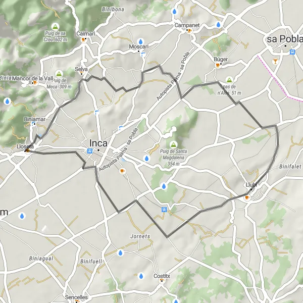 Miniature de la carte de l'inspiration cycliste "Tour de Lloseta Road 40km" dans la Illes Balears, Spain. Générée par le planificateur d'itinéraire cycliste Tarmacs.app
