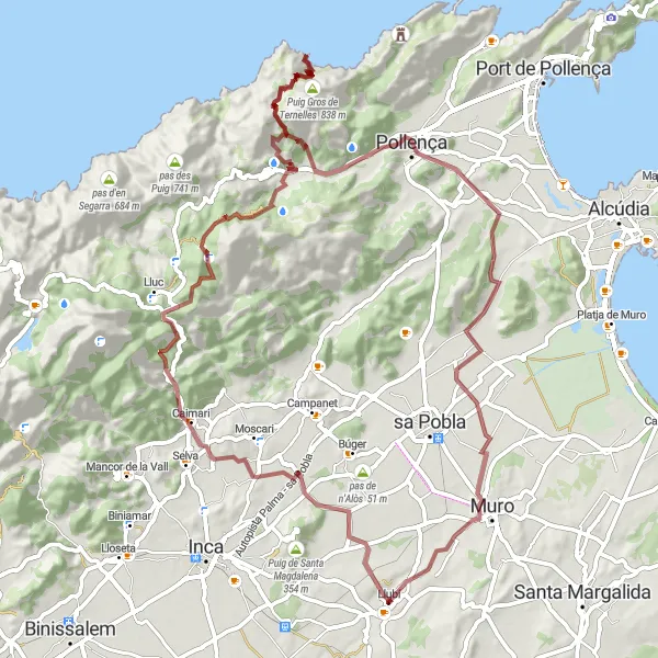 Miniatuurkaart van de fietsinspiratie "De Gravel Route van Llubí naar Caimari" in Illes Balears, Spain. Gemaakt door de Tarmacs.app fietsrouteplanner
